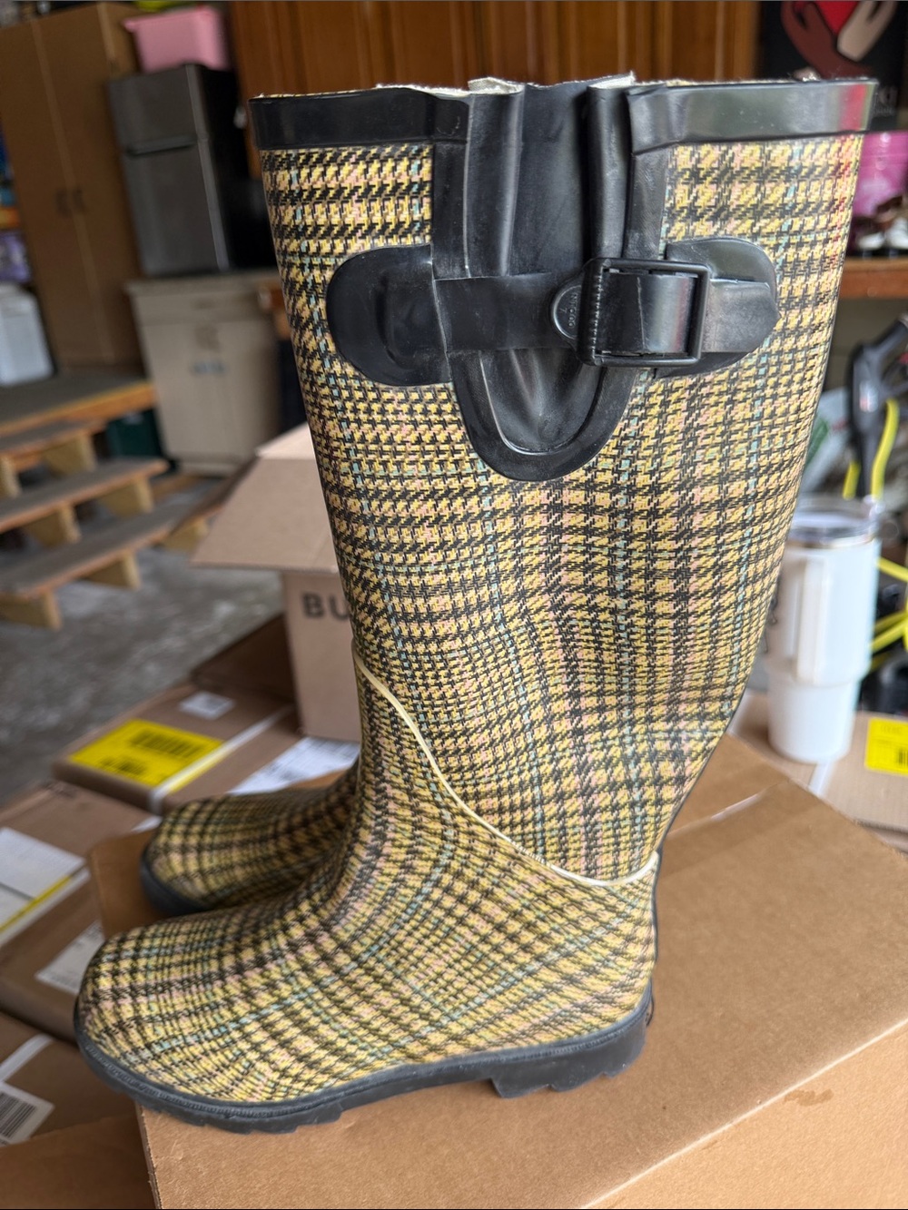 Henry Ferrera Yellow Plaid Rain Boots with Black Trim